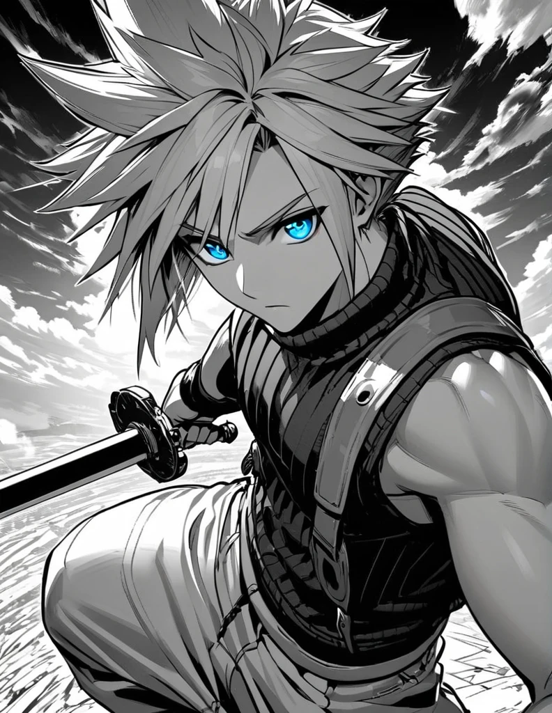Ultra detailed, Highres, absurdres, HDR, 1boy, male focus, cloud strife, final fantasy, very detailed face and eyes, manga , monochrome , line, fight stance, sword, (tank), battoujutsu stance, bounce back, wield a sword