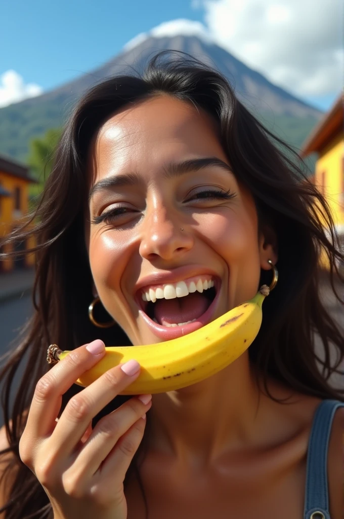 Ecuadorian woman facing front, eating a banana with a delicious look on her face, mouth wide open。photorealistic high quality images。9:16 vertical images。stunningly beautiful woman in her 30s。Background、famous tourist attractions in Ecuador, please。