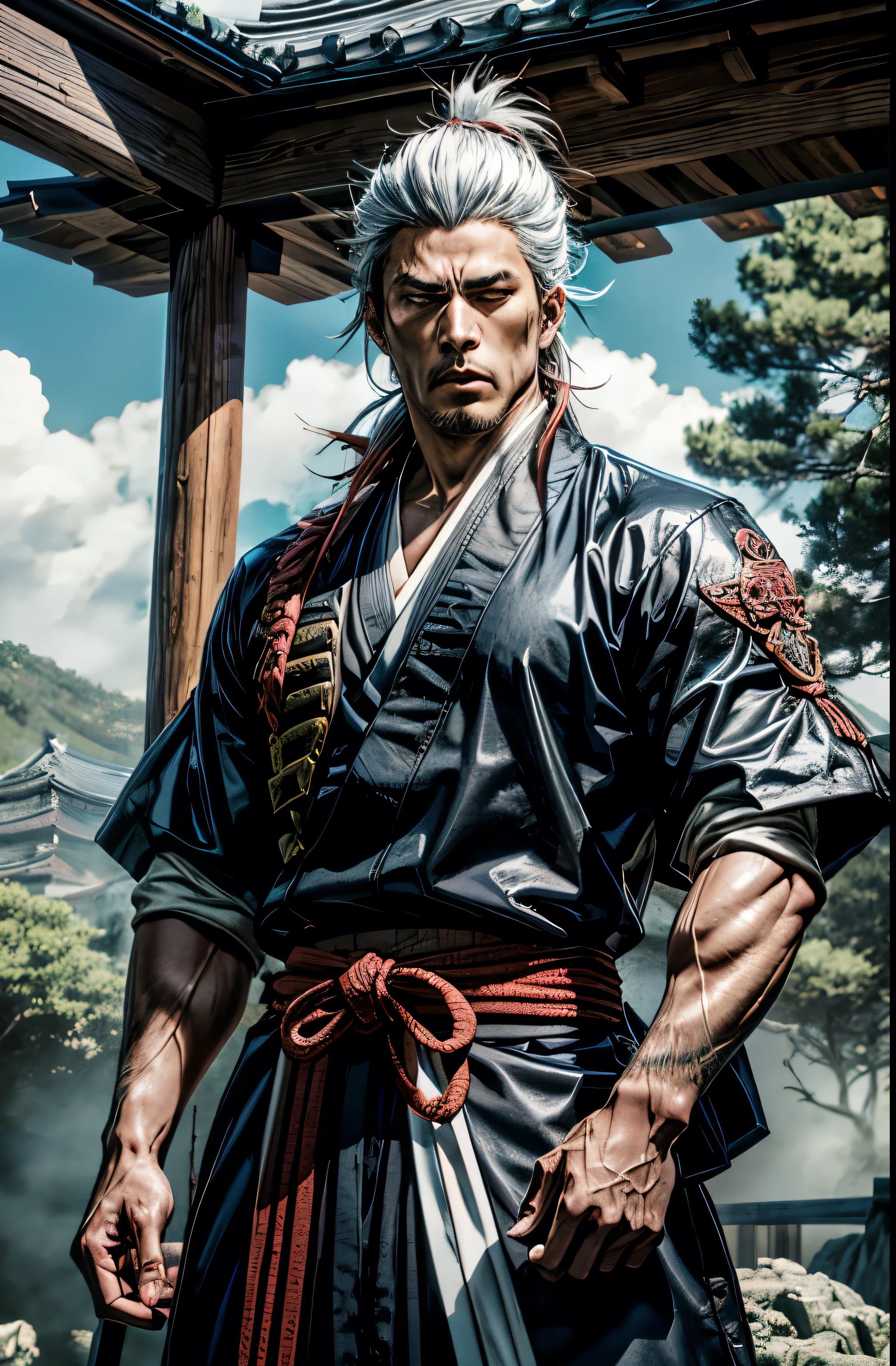 1 Samurai man,high qualiy, master part, Japanese anime, two-dimensional, Beautiful eyes, extreme detailed background, 8 k wallpaper, extreme detailed face) Ten, highly muscular body, strong muscles, barba, hopeful eyes, glare eyes, blue colored eyes, and steady, sophisticated, white short sleeves, Retrato de Onmyoji, miyamoto musashi, detailed anime character art, Pavilion background,in the style of 0mib, bleach style