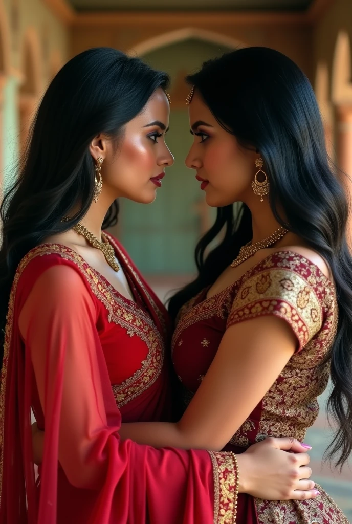Two rivals women age 34 , both women very beautiful faces indian look , angry face expression both staring hatefully each other, very sexy bodies figure curvy sexbomb, very big breast,both wearing salwar kameez both have beautiful eyes detailed,pink lips detailed,long open black hair , both standing nose to nose,both hugging each other, both hate each other their face expression tells, 4kmax ultra hd masterpiece, realistic ultra HD quality,