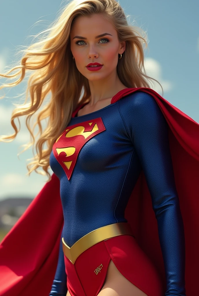Supergirl ultra sexy, elle doit avoir des grosses lèvres, des énormes fesses et des énormes seins. Elle doit avoir les cheveux blonds ondulés avec quelques cheveux en pétard. Comme s’il venait de faire l’amour. Elle doit être excitée et excitante. Elle doit transpirer. Elle doit être en train de voler, elle doit être un angle de vue pour que je vois ses seins, ses fesses et son visage, son costume de Supergirl est hyper moulant. Elle est en train de voler. La création de l’image doit être hyper réaliste et elle doit avoir 20 ans. 