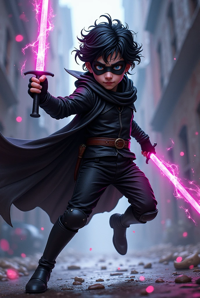 dnd, dungeons and dragons, lightfoot halfling, rogue, short, little person, tiny adult, assassin, psychic, solo, single person, action pose, pale white skin, short wavy black hair, light grey eyes, handsome, male, skinny, comic book, graphic novel, black leather armor, black cloak, assassin mask covering nose and mouth, short tiny pink ethereal knives in both hands, magic, ((masterpiece, best quality)), trending artwork