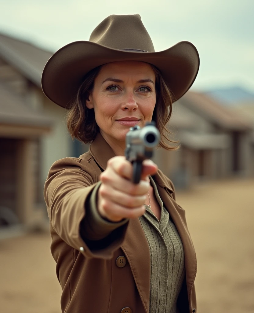 woman, 50 years old, short, shoulder-length hair, western outfit, ready to shoot for the duel, western village of the 1990s