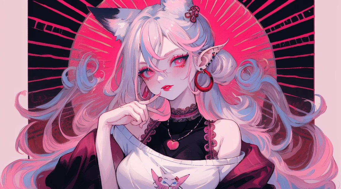 Upper body standing painting, Rainbow style, (1 ), (solo), (minimum, Tiny), Long gray hair, looking at viewert, blue eyes background, white backgrounid, jewely, jaket, with pink hair, ear nipple ring, a pink eyes, choker necklace, Sweaters, eyeslashes, cosmetics, curlies, Punching, lipsticks, Ear piercing, eye shadows, hoop earings, red pink lips, Multicolored eyes, Pink theme, Pink eyeshadow,
White skin, (Fox ears), looking at viewer, doe eyes, Exquisite eyes,Red Eyeshadow, Red lips,cute laugh, Ukiyo-e, masterpiece, high quality, at the lowest limit, Tiny,White boots,Huge breasts,Bare shoulders,,Lace,Lace stockings,Lace skirt