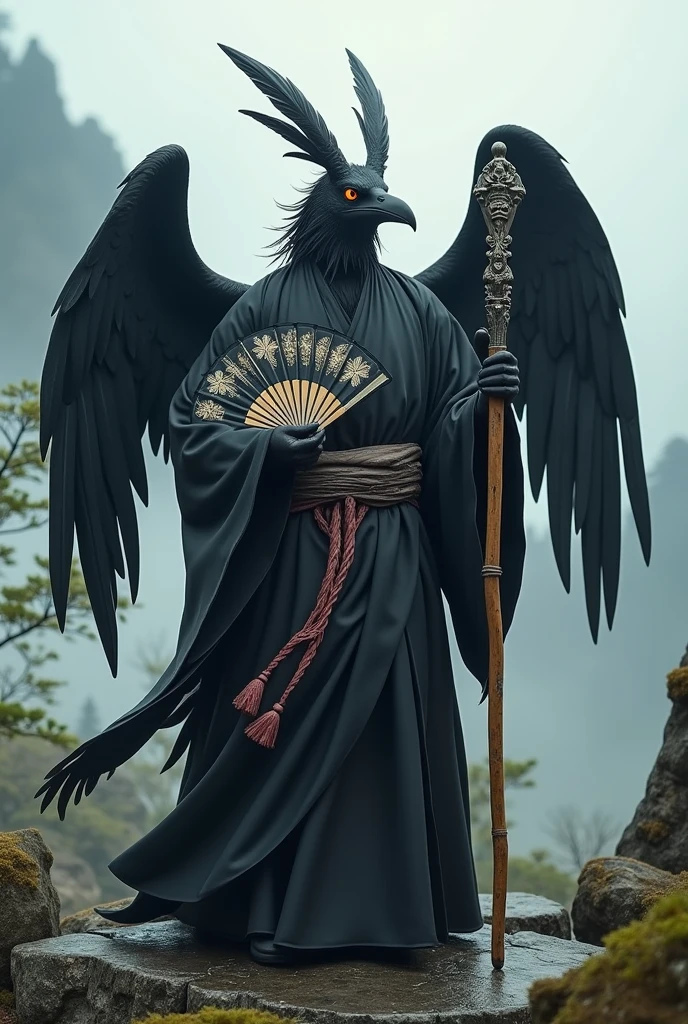 full body display、Japanese Yokai、Crow Tengu、crow face、Wearing Yamabushi clothing、It has wings、In her left hand she holds a folding fan made from bamboo skin.、He holds a staff in his right hand、Body facing forward、Looking straight ahead、