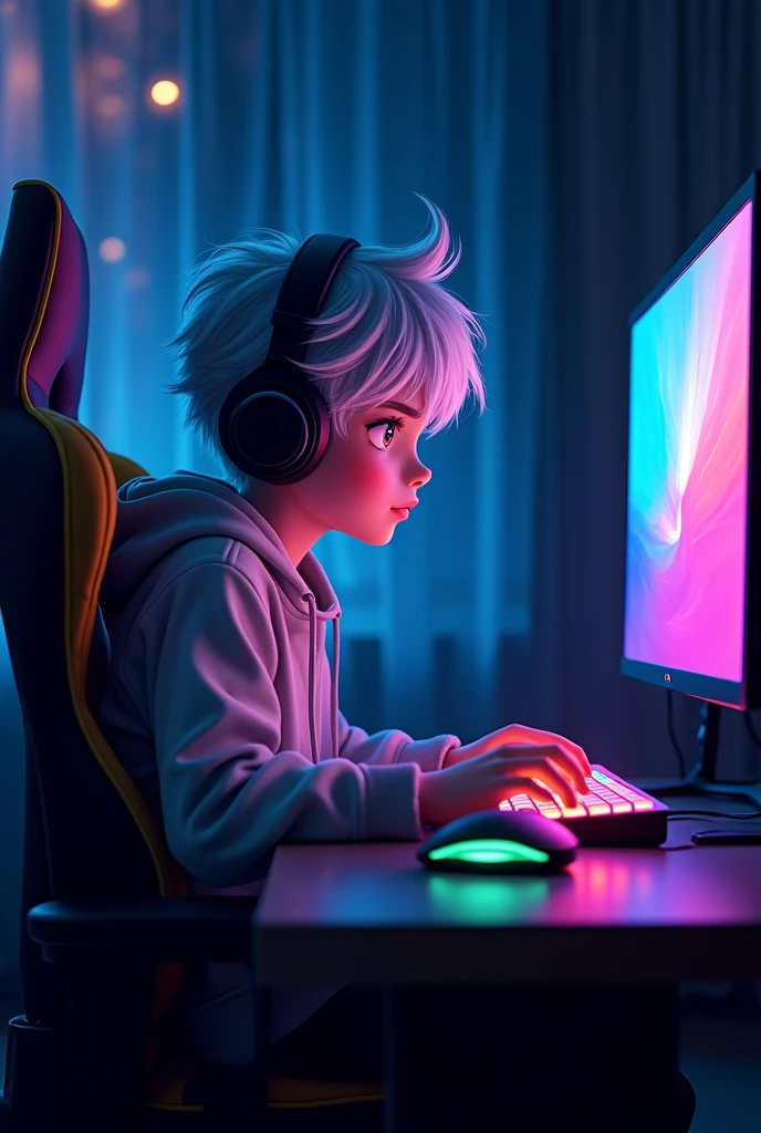 playing a game、anime character young boy sitting on gaming chair、gaming computer、２Monitors、dark room、wearing headphones and hoodie、gray hair、A sly smile、night room、gaming keyboard、Gaming Mouse、gaming pc、facing this way infront sitting on gaming chair、white hair、silver hair、暗いnight room、Rainbow LED keyboard、Colorful LED keyboard、Colorful LED Mouse