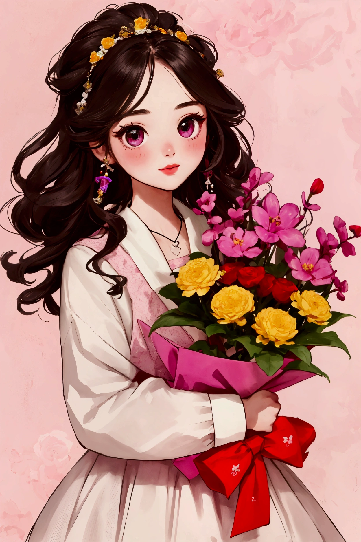 Highest quality、Very detailed、Girl holding a bouquet、Pomeranian、cute、pop、colorful