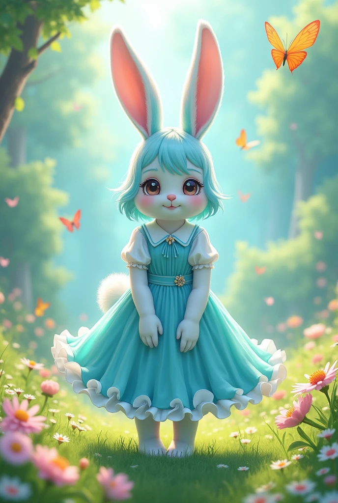A big furry anime bunny (animal antrofomorfico) cyan fur with a dress her ears with a little cyan
