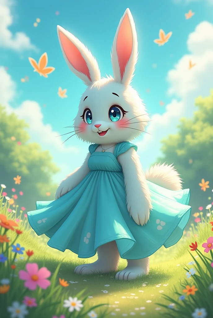 A big furry anime bunny (animal antrofomorfico) cyan fur with a dress her ears with a little cyan