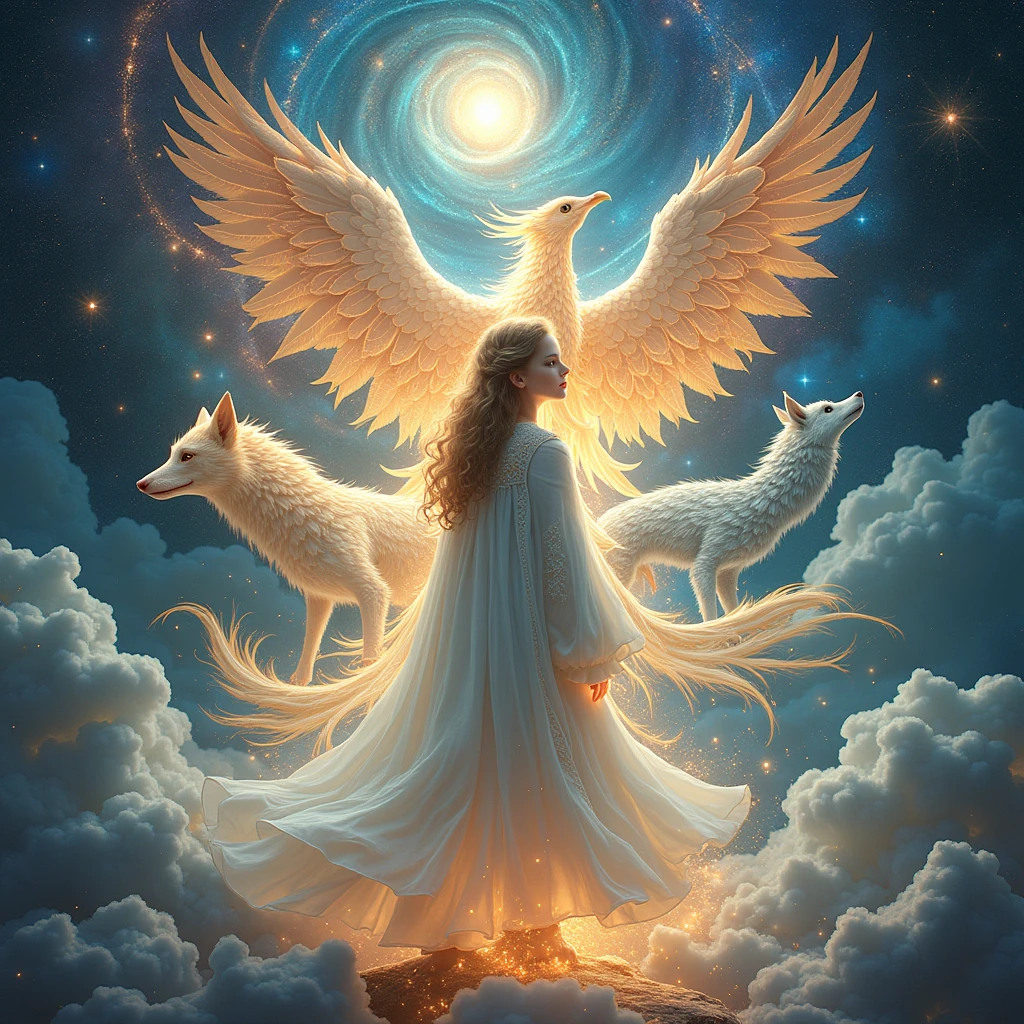 A shimmering spirit, made of light and elements of nature, floats above a stream, as Lia and Fenrir watch in awe and fascination. Lia is a girl with long brown hair and Fenrir is a gray wolf.