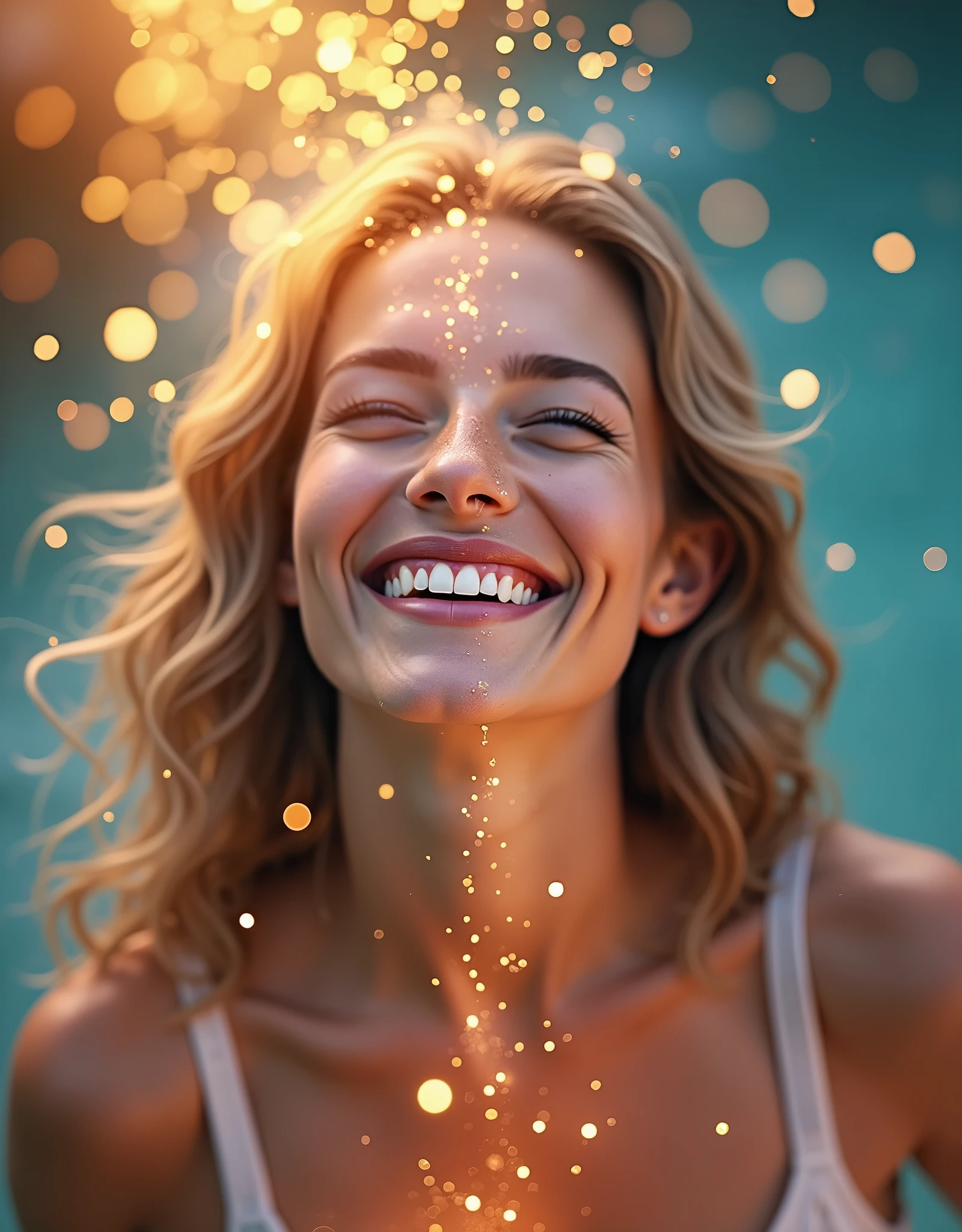 vibrant, 4k, picture of a woman, transforming herself to happy mood