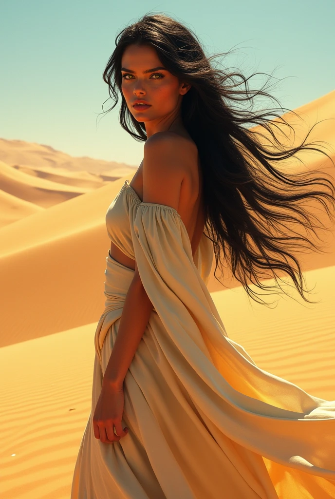 Beautiful woman with black hair and yellow eyes in the desert wearing a tunic, digital realistic art