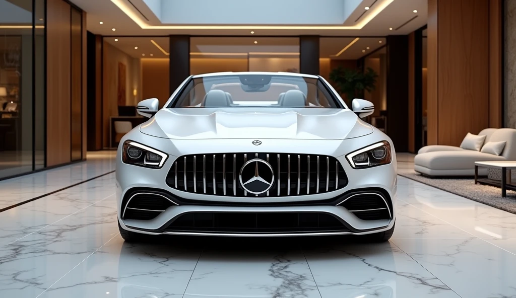 A front view of the 2025 Mercedes-Maybach SL Mythos Series luxury convertible, in a glossy white color, with its headlights and fog lights illuminated, showcased in an upscale showroom. The vehicle’s commanding front design is highlighted by its sleek, glossy finish, distinctive grille, and sophisticated lighting elements that create a refined glow. The illuminated headlights accentuate the car’s modern and luxurious appearance. The showroom features polished marble floors and expansive glass walls that allow natural light to enhance the scene, while soft ambient lighting further highlights the vehicle’s elegant details. Stylish decor, including plush seating and contemporary art pieces, provides a luxurious backdrop that emphasizes the Mercedes-Maybach SL Mythos Series’ grandeur