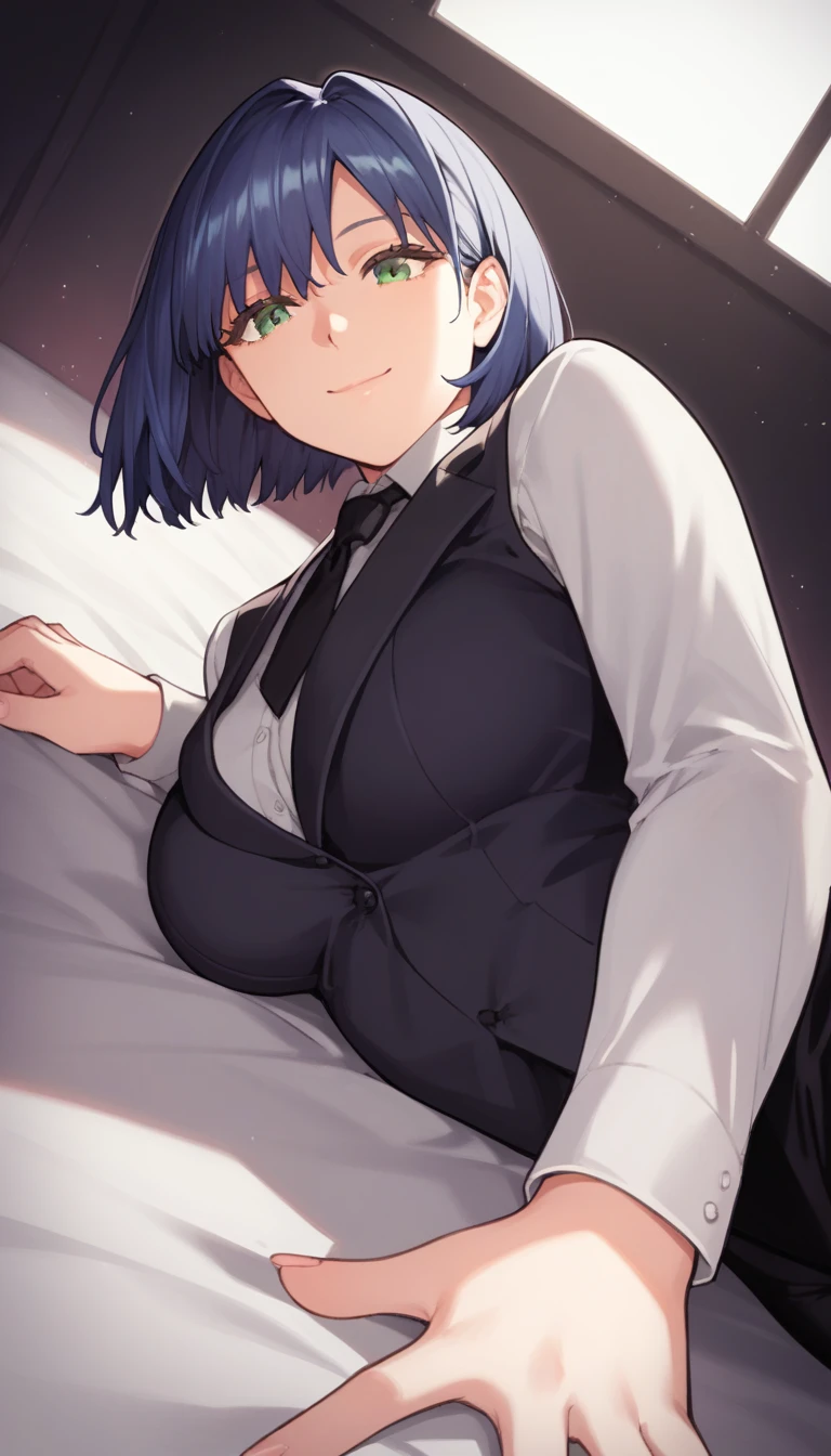 score_9, score_8_up, score_7_up, source_anime, best quality, amazing quality, very aesthetic, 1girl, green eyes, room, wariza, short dark blue hair, Tousled Bob cut, portrait, blazer, starshadowmagician, solo, Adult woman, best perfect anatomy, thin, curvy body, medium breasts, curvy body, close up shot on person, a woman showing happy, light smile, closed mouth, from below, looking at viewer, (lying down, hand between her legs), mature woman laying prone on bed, white shirt, black tie, format black vest, Long-sleeved shirt, black trousers, dynamic angle. no light source, dark background, night days, dark hotel bedroom background, 