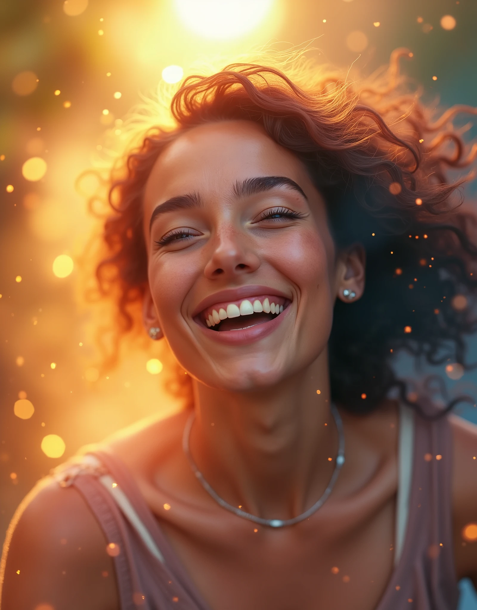 vibrant, 4k, picture of a woman, transforming herself to happy mood