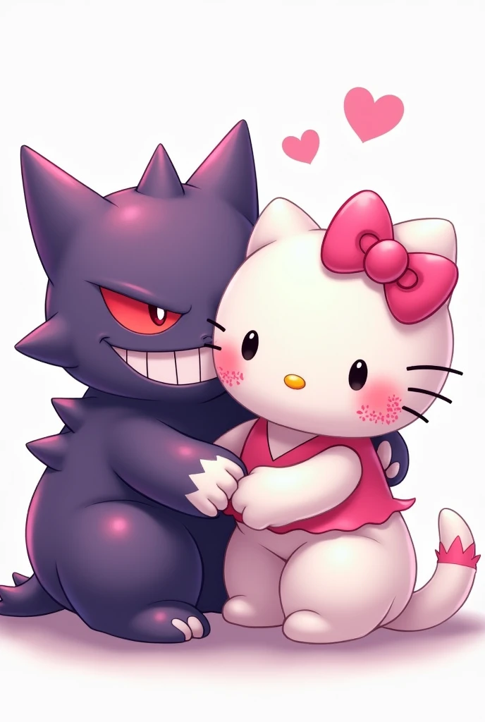 Gengar and hello kitty, pink iconic character, couple, only face, fond white, tattoo