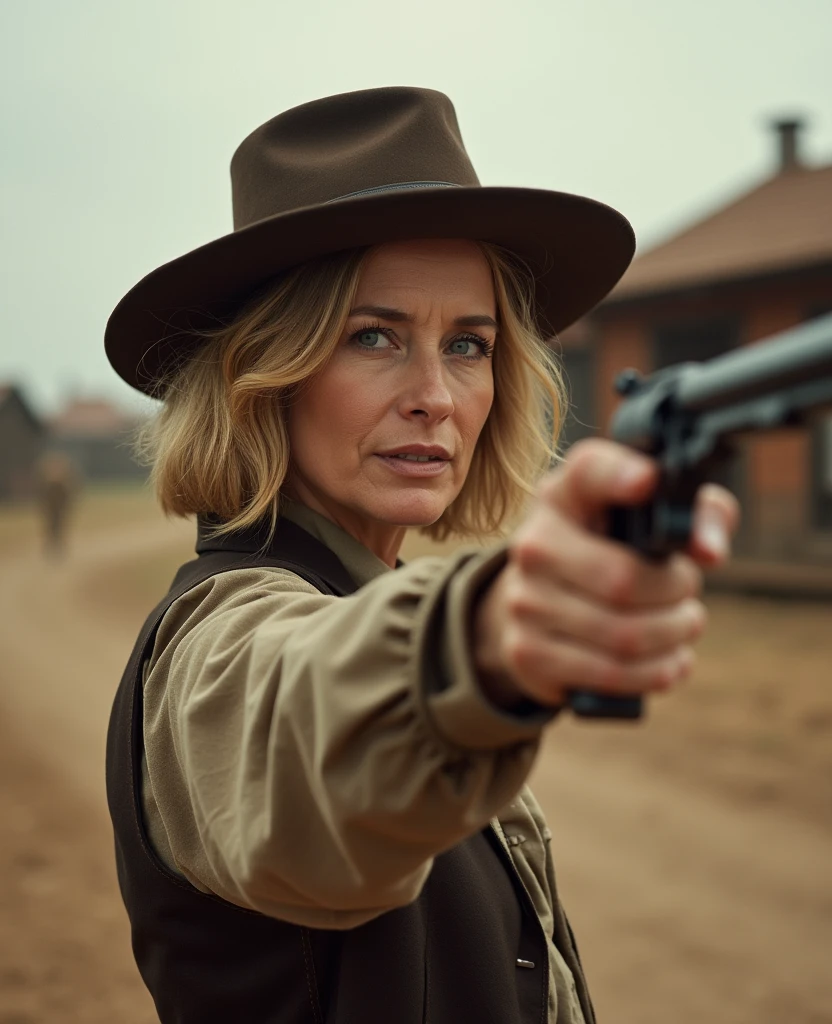 woman, 50 years old, short, shoulder-length hair, western outfit, ready to shoot for the duel, western village from the 1895s, facing us