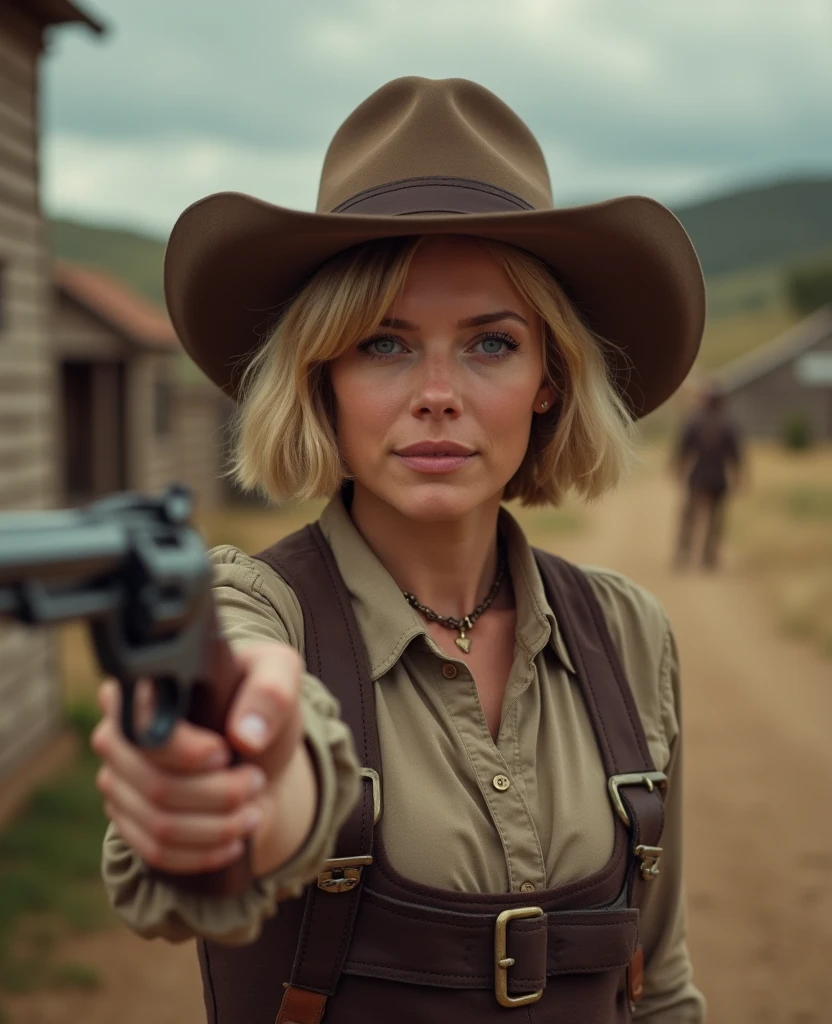 woman, 50 years old, short, shoulder-length hair, western outfit, ready to shoot for the duel, western village from the 1895s, facing us
