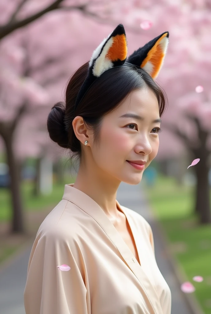 A graceful 50-year old Japanese woman who is wearIng a beige blouse with her long hair tied into single bun at back of her head. She is wearing cat's ears with the back if the ears are calico pattern which has patches of white, black, and orange colors. Make it a realistic image but not photo like. Front side of the cat ears are all pink without white fluffy fur.