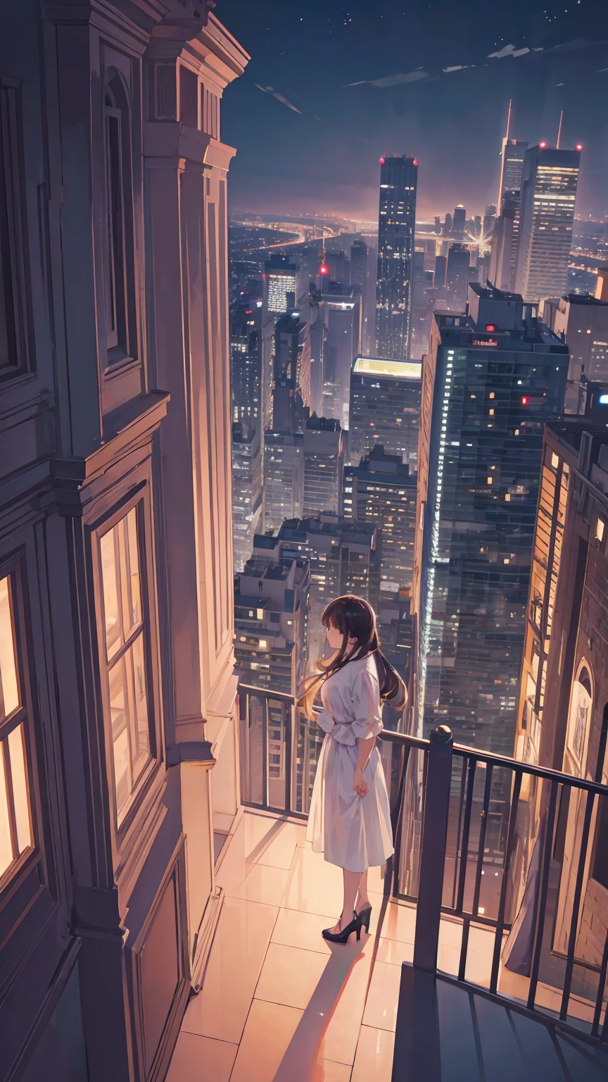 Far view, close up, woman standing on balcony, tall building, at night, city view and illuminated streets, high quality, ultra high definition, detailed quality