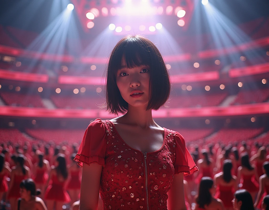 [Japanese Clone girls=Myself], [Perfect Clone girls Raw Photography Art], [16K, Highest quality, Ultra-high resolution], (((Unrealistic, Unprecedented sight, (((A World of Myself Proliferation, Ultra-realistic)))))), (Japanese, woman, 22-year-old, Saito-Asuka), ((Small face, Brown and black hair, Short Hair)), ((Very beautiful detailed girls, Accurate body structure, Very detailed and perfect super busty body)), ((amazing super big tits, Large, swelling breasts)), (Dark Eyes, Mature face, Cute Smile, A gentle gaze), (Happy laughter), [[(((((Very detailed, 1girl-1,000,000,000,000,000,000,000,000,000,000,000,000,000cloning girls))))), (((((A very detailed and precise description of the doppelganger, Perfectly the same girl, The exact same smile, Perfect same hair, Perfect same clothes, Exactly the same height, Perfect same super busty))))), (((((Myself only))))), (((Very detailed, on stage, Idol Group, Nogizaka46's stage costumes, 30,000Myself))), (((Very detailed, Audience seats, camisole, 150,000,000Myself)))]], (((Perfect description, Smiling face, hug, wave hands, Matching poses, Matching dance))), (((Very detailed, Super crowded in a different dimension, Abnormal crowding, Super crowded))), (Large Concert Hall, Front bright light, Illuminated by spotlights, Live Stage Lighting), (((Wide field of view, Very detailed and clear hyper-perspective drawing)))),top view, Group photo of idol group