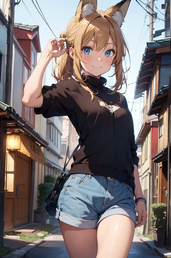 masterpiece, best quality, ultra detailed, insanely detailed, hyper detailed, woman, smiling, walking, looking at viewer, brown eyes,fox's tail, jitome, detailed face, light brown skin, tall, slender, sweater, shorts, teenager, japanese, outside, on the street, with shooting stars, in the evening, with rain, cel anime, sharpen, blue, ahoge, semi long, blue eyes, green background, medium shot, intense wide shot, glad, with fox ears, mole, blond,