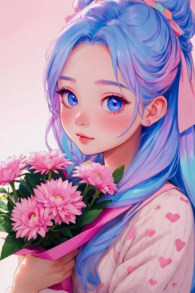 Highest quality、Very detailed、Girl holding a bouquet、Pink and blue gradient hair、Beautiful expression、cute、pop、colorful