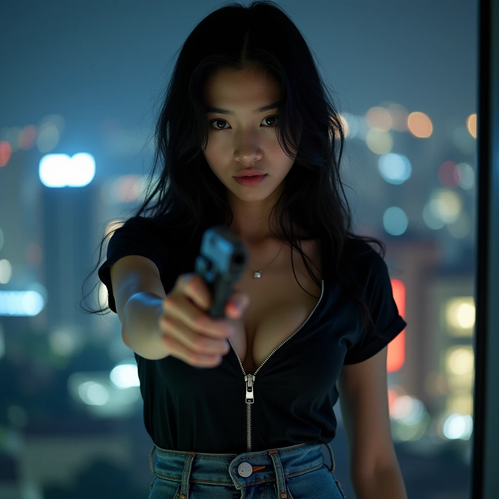 20 years old, black hair, long hair, a scene from a movie or drama, cute kawaii idol Japanese woman, glamour photography, This image is a portrait of a young woman holding a gun in her right hand. She is standing in front of a window with a night city skyline view. The woman is wearing blue jeans and a deep neckline T-shirt with a front zipper. She styles it in loose waves and is looking straight into the camera with a serious expression. The gun is pointed at the camera and appears to be a handgun. The background is blurred but appears to be an urban setting with buildings and lights visible. The overall atmosphere of the image is intense and dramatic. Her neckline is open and her bra is visible. She is wet.