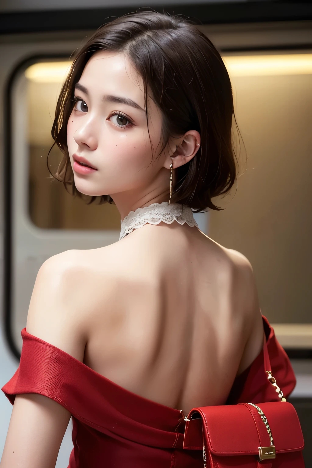 ((Realistic, 8k, Top Quality, Masterpiece: 1.3)), Best Quality, Illustration, Ultra-detailed, finely detail, high resolution, 8K Wallpaper, Perfect dynamic composition, Beautiful detailed eyes, (office casual clothes:1.3),((Big breasts)), Natural Color Lip, Random and sexy poses, ((in train)), 20 years girl, sweaty skin:1.4, (beautiful detailed face and eyes:1.4),beautiful short medium hair, Highly detailed face and skin texture, Highly detailed lip texture, Beautiful detailed eyes, Raw Photo, ((Very Delicate and Cute Japanese Girl:1.4)), (1 girl)), Perfect Style, necklace, earrings, ((small shoulder bag:1.2)), realistic shadows, (from behind:2.0), ((look away:1.5)),((close-up of neck:1.7)),(very sexy back and neck:1.2)