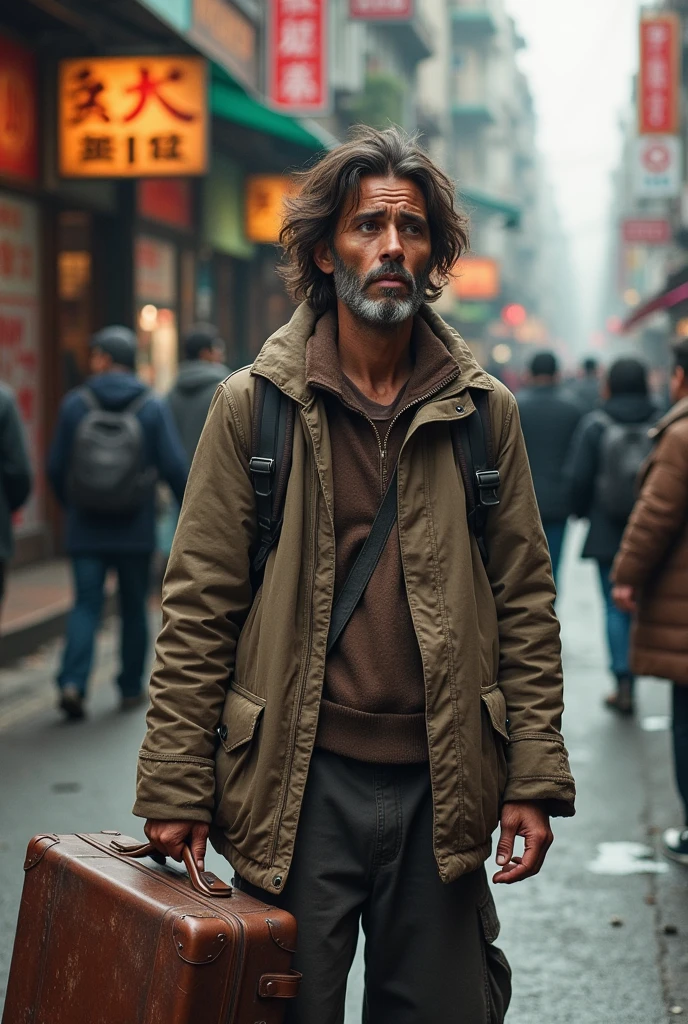 An image of poor person which in hand is suitcase