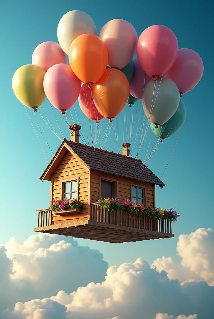 flying house with balloon, Give me ideas, made of wood and two floors and large 