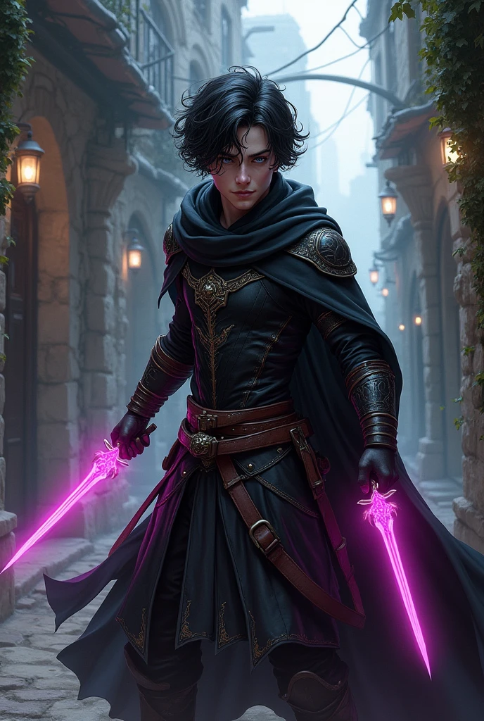 dnd, dungeons and dragons, lightfoot halfling, rogue, short, little person, tiny adult, assassin, psychic, solo, single person, action pose, pale white skin, short wavy black hair, light grey eyes, handsome, male, skinny, comic book, graphic novel, black leather armor, black cloak, assassin cowl, short tiny pink ethereal knives in both hands, magic, ((masterpiece, best quality)), trending artwork