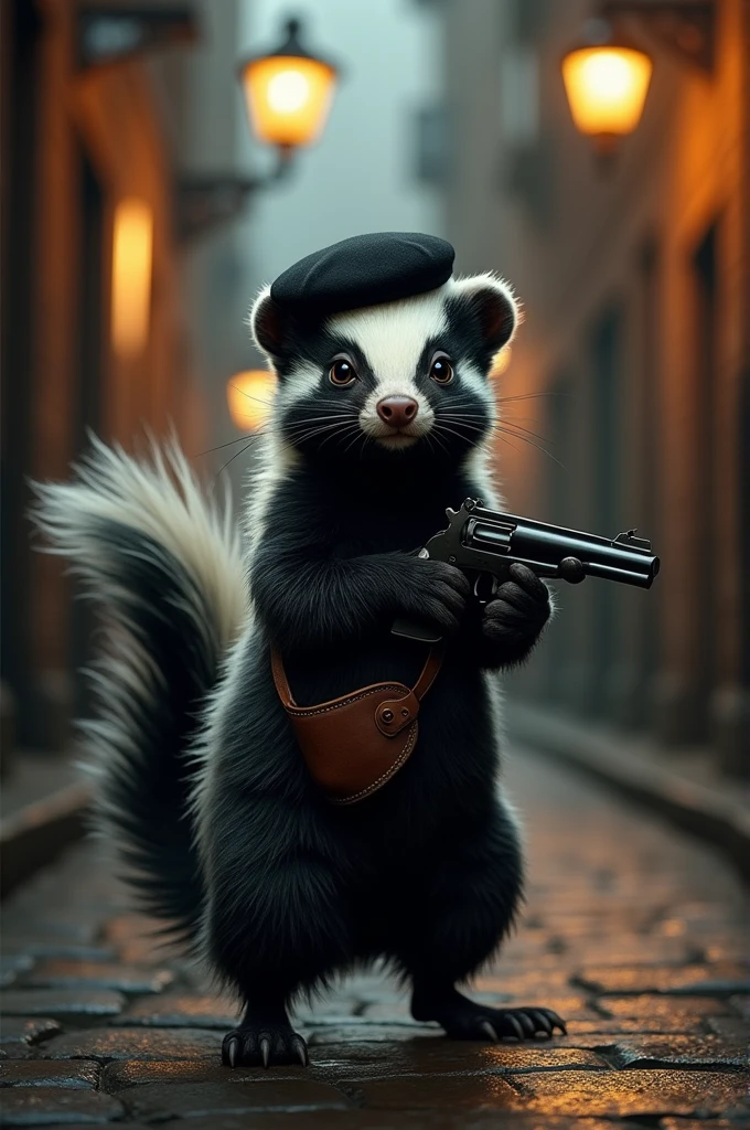 Peak blinders skunk with gun in hand and beret on head 