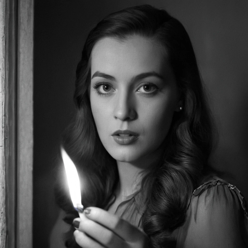 Film noir style,  a woman holding a lighter in her hand staring at camera, cinematic,film,Hollywood,crime,drama,dramatic,dramatic light,low light,dim light,low-key light,shadow,partially covered in shadow,window light,dark light,cynical,1940s,1950s,classic,vintage,retro,visual style,realistic,film still,black film,night light,blue hour,motion picture,filmmaking style,neorealism,classic film noir style,1girl,solo,long hair,looking at viewer,holding,monochrome,upper body,greyscale,lips,mouth hold,fire,cigarette,candle,dark,flame,lighter, Monochrome, high contrast, dramatic shadows, 1940s style, mysterious, cinematic