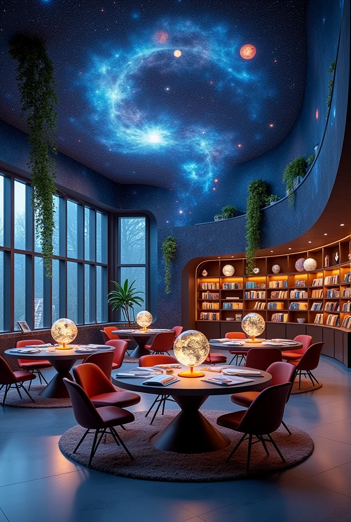 A learning centre room with the design of cosmos and board students table shelfs windows