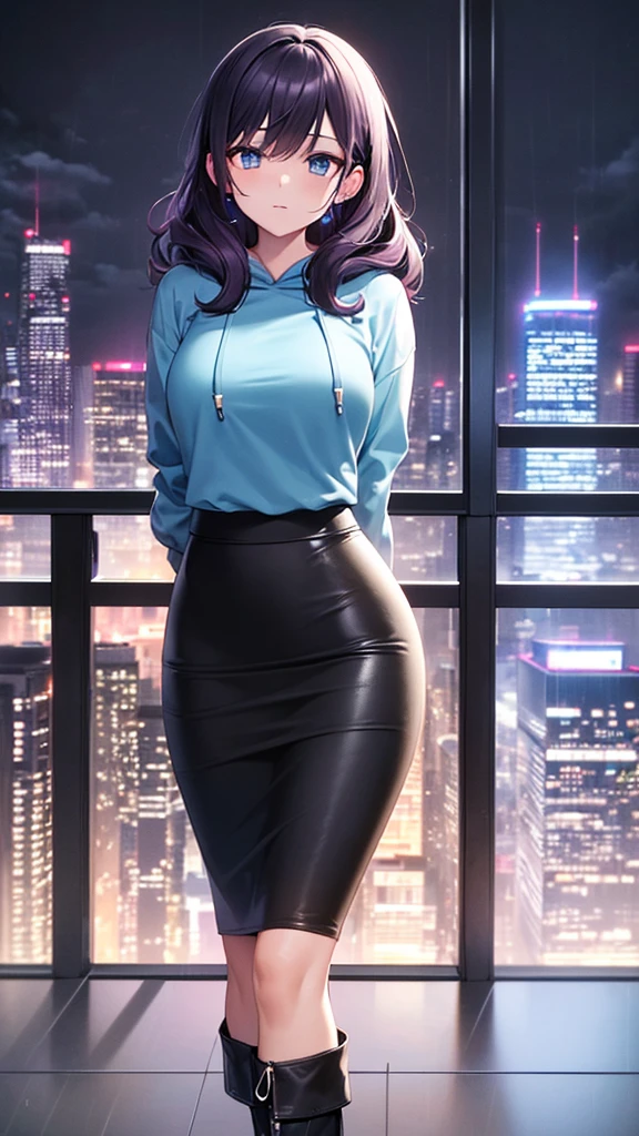 masterpiece, best quality, highres, high detail, beautiful woman, wavy hair, (dark purple hair), (blue eyes), ((blue hoodie)), ((black midi pencil skirt)), long black pencil skirt, ((black skirt)), leather boots, headphones, looking at viewer, rainy backdrop, storm, clouds, city alley at night, (night sky), reflective light, blue light, neon lights, tower,