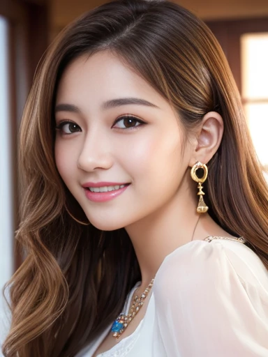 a beautiful girl with long wavy light brown hair, japanese idol, smiling, wearing a blouse, earrings, necklace, 8k, raw photo, best quality, ultra-detailed, hyper realistic, photorealistic, masterpiece, charming, stunning girl