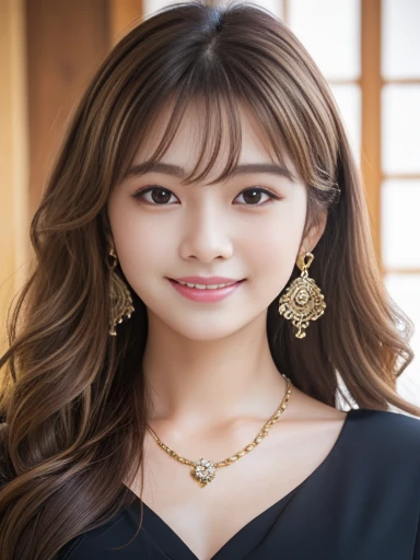 a beautiful girl with long wavy light brown hair, japanese idol, smiling, wearing a blouse, earrings, necklace, 8k, raw photo, best quality, ultra-detailed, hyper realistic, photorealistic, masterpiece, charming, stunning girl