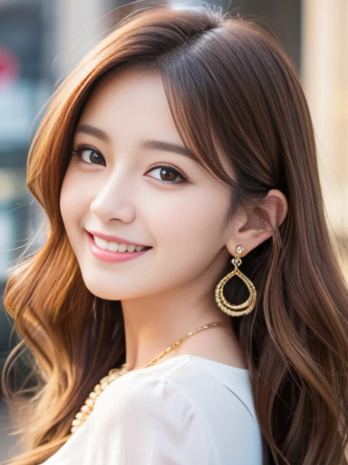 a beautiful girl with long wavy light brown hair, japanese idol, smiling, wearing a blouse, earrings, necklace, 8k, raw photo, best quality, ultra-detailed, hyper realistic, photorealistic, masterpiece, charming, stunning girl