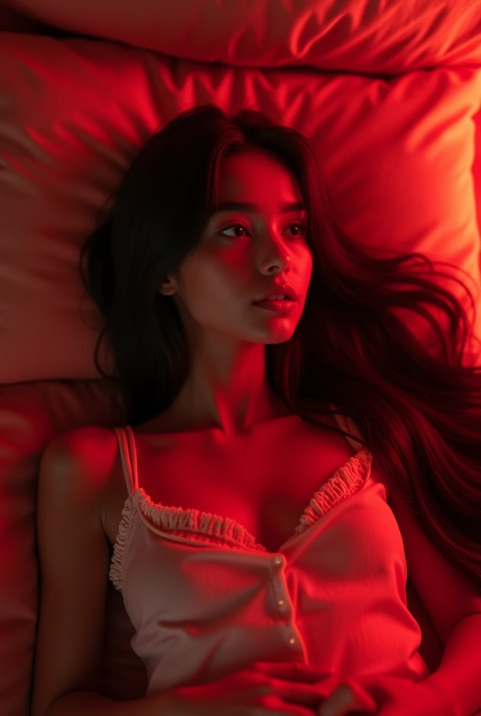 Brunette girl with long straight brown hair, eyes with , without a cap lying on her back on a bed looking at the ceiling similar to Ariana Grenblaat. Red lighting in the room,skin texture.