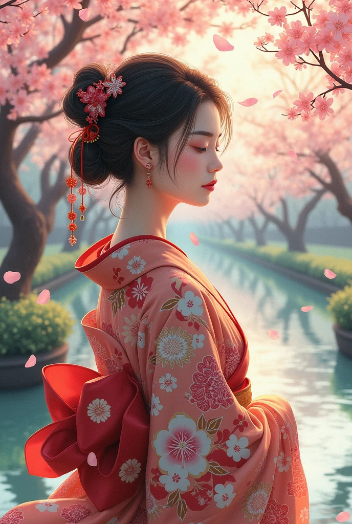 Illustration of a Japanese-style woman wearing a blindfold A woman wearing a kimono wearing a blindfold
