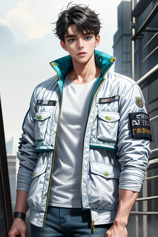 masterpiece, 最high quality, high quality, 1 person, alone, Male focus, Upper Body,Watching the audience, Messy black hair, Adorable big blue eyes, White, Noble, Noble,A sexy, voluminous, and padded green flight jacket、White innerwear、jeans,cute beautiful,Cute, cute, kind, handsome guy