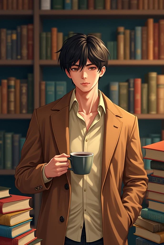 (masterpiece, top quality, best quality, official art, beautiful), alone, male, Short hair, Has bangs, Beige shirt, coffee color coat, books, coffee, motion blur, illustration