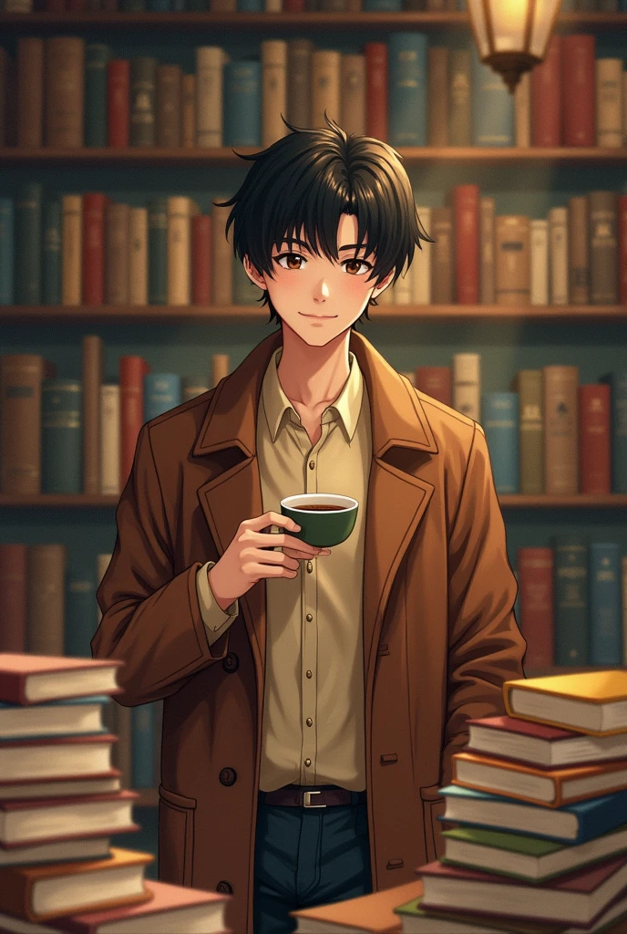 (masterpiece, top quality, best quality, official art, beautiful), alone, male, Short hair, Has bangs, Beige shirt, coffee color coat, books, coffee, motion blur, illustration