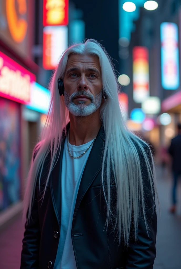 fone bluetooth, guided by the mindset. Make me a man person with long straight hair , white using , with the mind