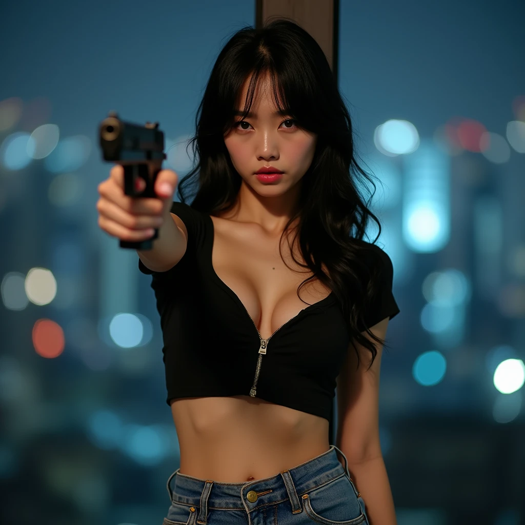 20 years old, black hair, long hair, a scene from a movie or drama, cute kawaii idol Japanese woman, glamour photography, This image is a portrait of a young woman holding a gun in her right hand. She is standing in front of a window with a night city skyline view. The woman is wearing blue jeans and a deep neckline T-shirt with a front zipper. She styles it in loose waves and is looking straight into the camera with a serious expression. The gun is pointed at the camera and appears to be a hand gun. The background is blurred but appears to be an urban setting with buildings and lights visible. The overall atmosphere of the image is intense and dramatic. Her neckline is open and her bra is visible. She is wet.