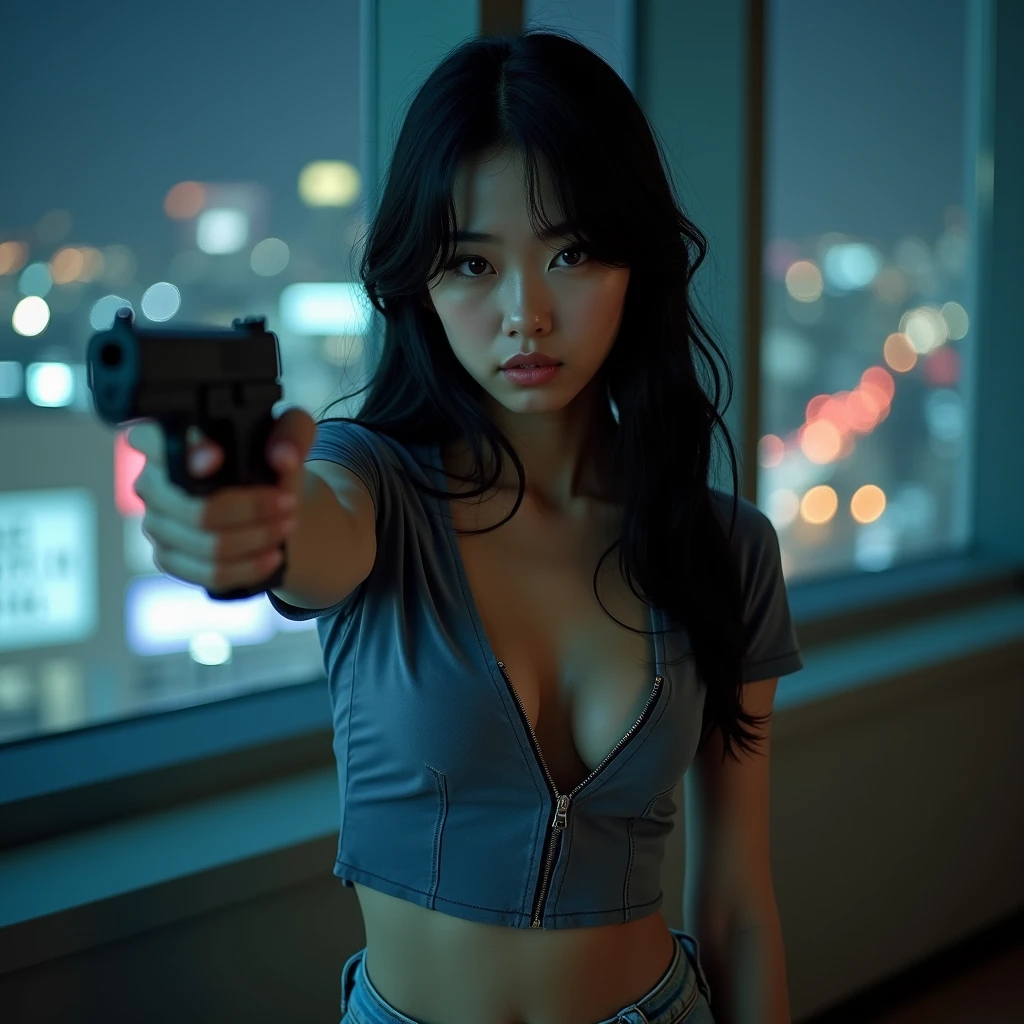 20 years old, black hair, long hair, a scene from a movie or drama, cute kawaii idol Japanese woman, glamour photography, This image is a portrait of a young woman holding a gun in her right hand. She is standing in front of a window with a night city skyline view. The woman is wearing blue jeans and a deep neckline T-shirt with a front zipper. She styles it in loose waves and is looking straight into the camera with a serious expression. The gun is pointed at the camera and appears to be a hand gun. The background is blurred but appears to be an urban setting with buildings and lights visible. The overall atmosphere of the image is intense and dramatic. Her neckline is open and her bra is visible. She is wet.