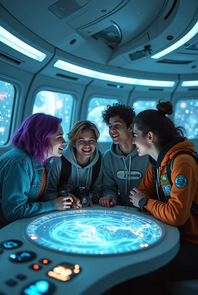 A group of 4 young people inside a spaceship
