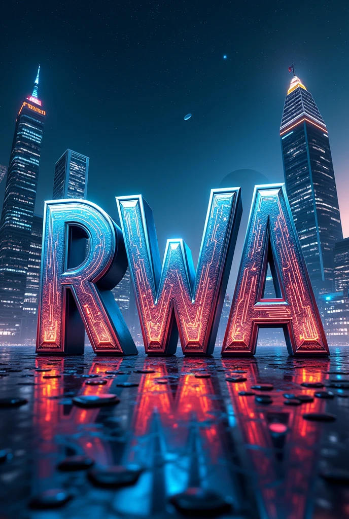 Create an image with the letters RWA in a futuristic and technological format