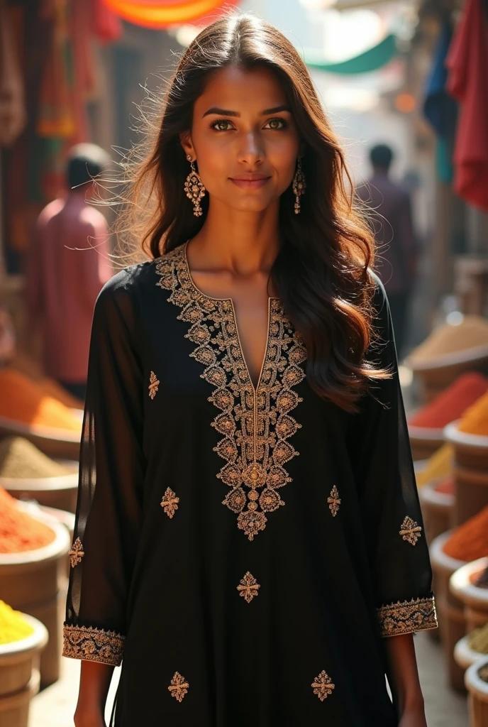 Make a girl who is Indian and her skin color is fair and her eyes color is green, her age is around 24 and she is wearing a black color kurta or